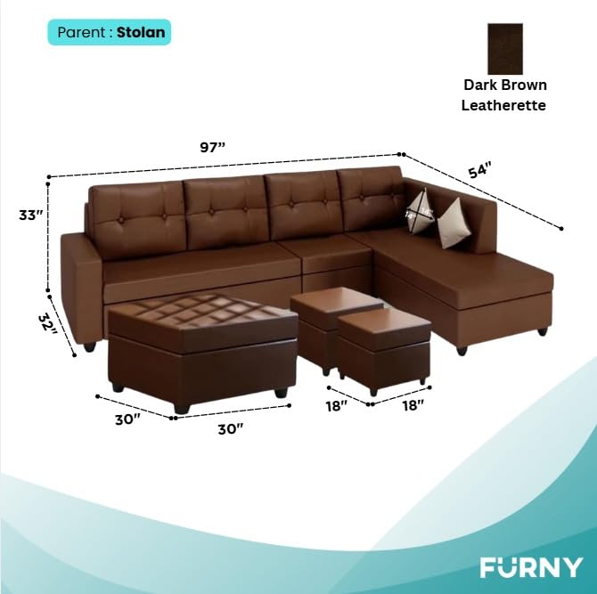 Image of FURNY Nathan 8 Seater Leatherette RHS L Shape Sofa Set with 1 Centre Table & 2 Puffy (Brown) Premium Finish | Durable Comfort | Ideal for Living Room