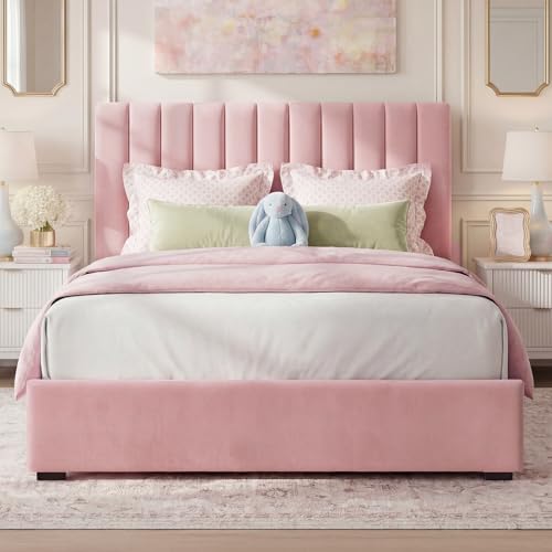 Welzona Upholstered Bed Frame Queen Size with Headboard Velvet Vertical Channel Tufted Metal Platform Bed with 3-Level Height Under-Bed Storage and Metal Support Noise Free Easy Assembly Pink
