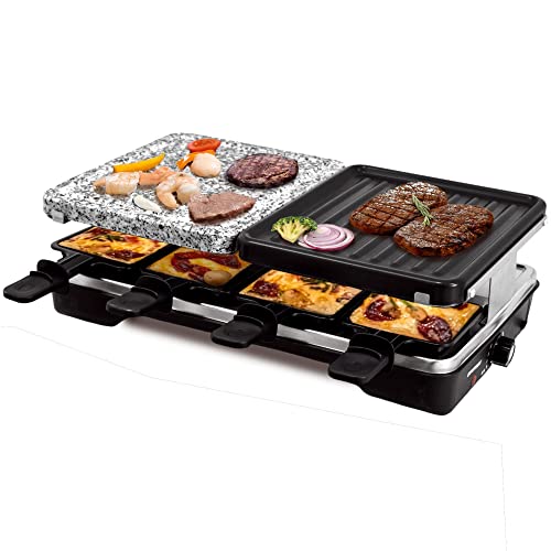 Syntrox Germany RAC-1200W-Brugg Raclette-Grill mit Heißem Stein für 8 Personen - Geteilte Platten & 8 Pfännchen