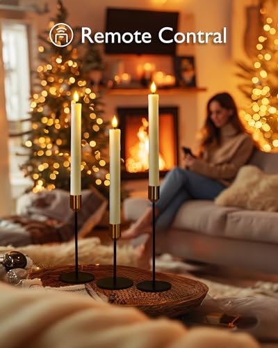 Image of Homemory 12 Pcs Plastic Flameless Taper Candles with Remote Timer Dimmer, Ivory Led Candlesticks with Flickering Flame Light, Lifelike Taper Candles Battery Operated for Indoor Decoration 9.6 Inches