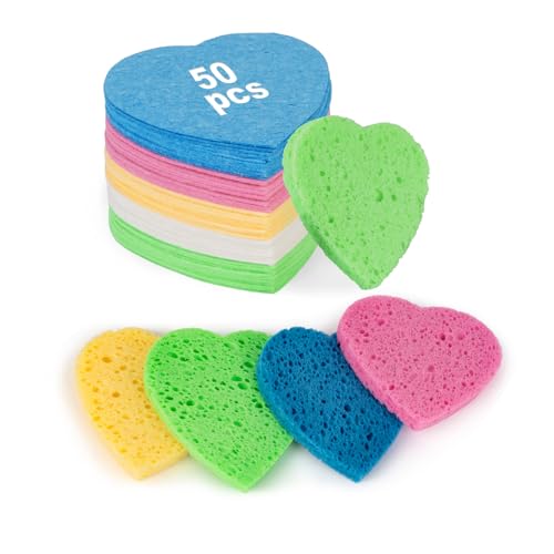 HUAXIN BIOTECHNOLOGY 50-Count Heart Shape Compressed Facial Sponges 100% Natural Cellulose Face Sponge Spa Sponges for Removing Dead Skin Dirt and Makeup((Multicolor)