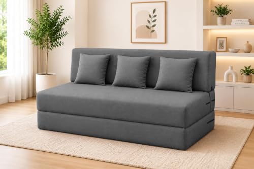 Image of Los Angeles Foldable Three Seater Sofa Cum Bed, Sofa Bed 5X6 Feet Jute Fabric Washable Cover- Including 3 Cushion Perfect for Living Room & Office - Grey Color