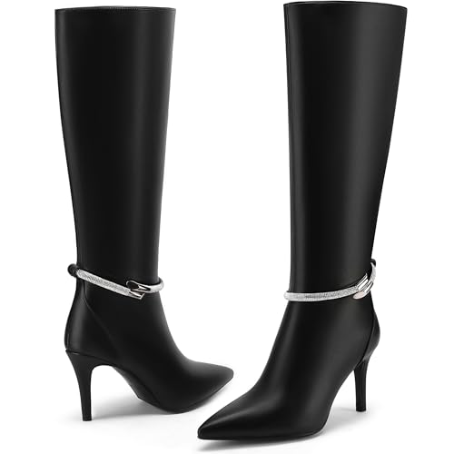 Knee High Boots for Women Stiletto High Heel Pointed Toe Long Boots Sparkly Rhinestone Decoration Side Zipper Dress Tall Boots4