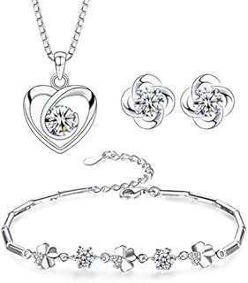 Jösva Silver Jewellery Sets for Women, 925 Sterling Silver Heart Pendant Necklace & Small Clover Stud Earrings & Bracelet with 5A Cubic Zirconia, Gift for Valentine's Day/Mother's Day/Christmas