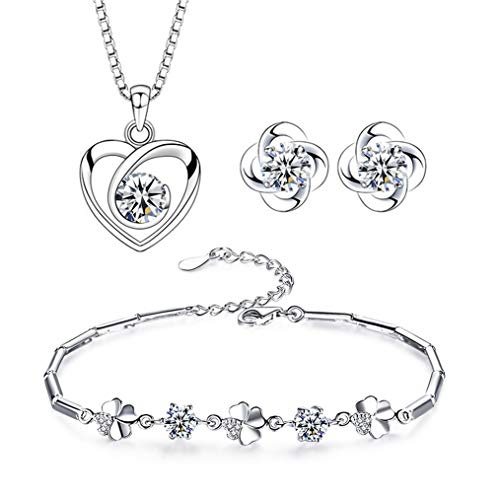Josfeva Femme Parure Argent Fin 925, Ensemble de Bijoux Boucles d'oreilles Bracelet en Forme de Trèfle Collier de Coeur avec Zircon Cubique Blanc, Clous Chaîne Pendentif Hypoallergénique pour Femme Cover