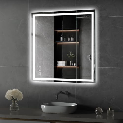 Image of Koonmi 32x30 LED Bathroom Mirror with Light, Anti-Fog, 3 Colors | Backlit + Front Lit, Dimmable Brightness, Shatterproof HD Distortion-Free Tempered Glass, Hardware Included