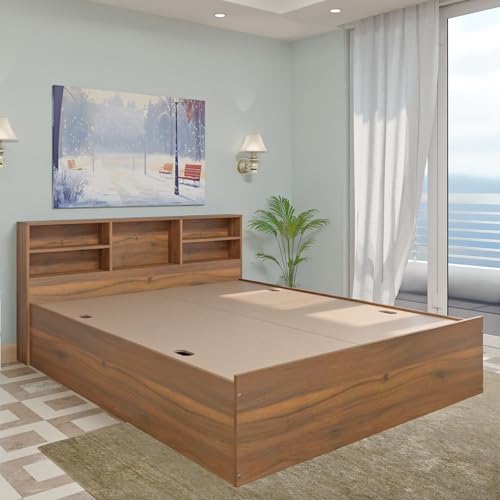 Image of VIKI Utility King Size Bed with Storage (70x80) | Engineered Wood Bed Frame for Bedroom | Modern Box Storage Cot | Brussel Walnut Finish | Free Assembly | 1 Year Warranty