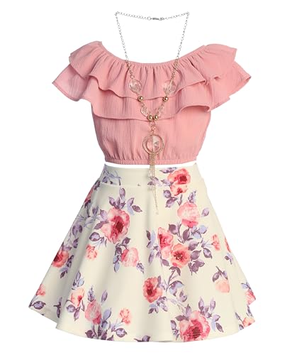 Image of Cold Shoulder Crop Top Ruffle Layered Top Flower Girl Skirt Sets for Girl