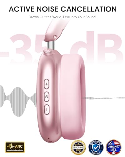 Image of Wentronic Y02 Active Noise Cancelling Headphones, Wireless Over-Ear Bluetooth 5.4 Headphones with Microphone, 60H Playtime, Hi-Res Audio, Big Bass, Foldable Lightweight for Travel Home Office, Pink