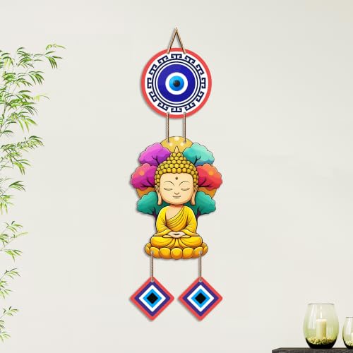 Image of Artvibes Buddha Serenity Wall Hanging with Evil Eye Protection Charms | Spiritual Decorative Hanging for Meditation | Yoga and Prayer Rooms | Wooden Home Decor Accent for Living Room (WH 85100N)