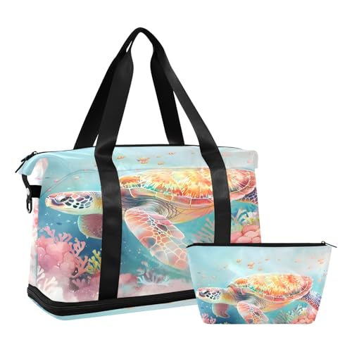 Marine Turtle Coral Soft Dream Travel Duffel Bag Waterproof Gym Sport Tote Bag Carry On Weekender Bag with Compartment