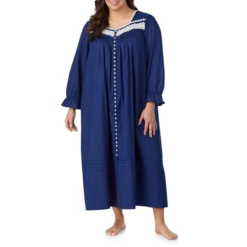 Image of Eileen West Sleepwear & Loungewear for Women - Dobby Stripe Collection - 100% Cotton Longsleeve Full-Length Robe Nightgown