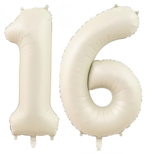 Image of Cream Number 16 Balloons,40 Inch 16 Balloons Giant Helium Foil Mylar Beige 16 Balloon Number for Birthday Party Anniversary Decorations