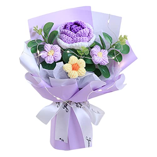 Folpus Crochet Fleur Bouquet Rose Tissé À La Main Bouquet À La Main Polyvalent Ornement Tricoté Fleurs Fête des Mères pour Fête Plateau Fête des Mères, Violet