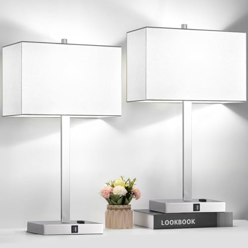 Touch Control Table Lamps with USB Outlets White Shade