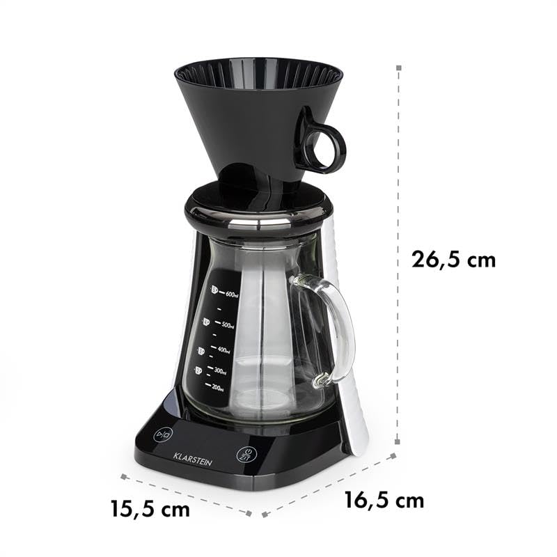 Klarstein Craft Coffee ekspres do kawy z filtrem, zaparzacz do kawy (ręczny proces parzenia Pour Over, kawa smakoszy, waga, timer, szklany dzbanek, nasadka filtra, 600 ml, dotykowy wyświetlacz LED, timer, czarno-biały