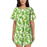 Damen-Pyjama-Sets – süße Eidechse Nr. 20127 Sommer-Pyjama für Damen, kurzärmelig, Nachtwäsche-Set, Schwarz, L