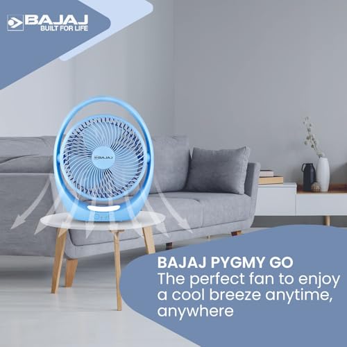 Image of Bajaj Pygmy Go 178MM Mini Fan with LED Lighting | Rechargeable | USB Charging | 4-hours Battery Backup | 3 Speed | 2-Light Brightness Setting | High Speed | Portable【Blue】