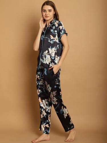 Image of Shararat Women's Satin Night Suit Shirt & Pyjama Set /Sleepwear /Lounge Night Wear /Night Dress, Blue