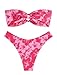 ZAFUL Women's Bandeau Bikini O Ring Strapless Tie Back High Cut Two Piece Swimsuit Bathing Suits (5-Rose red Print, M)