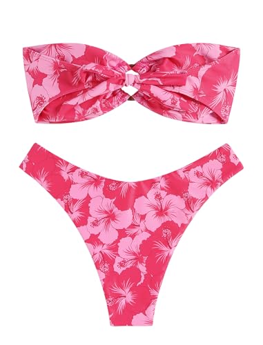 Image of ZAFUL Women's Bandeau Bikini O Ring Strapless Tie Back High Cut Two Piece Swimsuit Bathing Suits