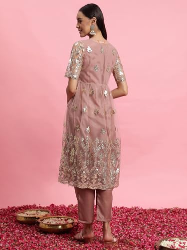 Image of INDO ERA Women's Net Ethnic A-Line Kurta Pant Set