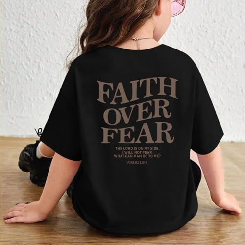 Image of Faith Over Fear Shirt Christian Jesus Tshirts for Girls Religious Inspirational Tees Bible Verse Tops for Kids 3-12