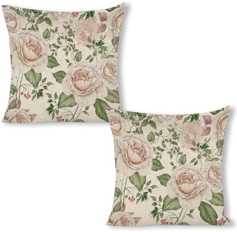 Blush Pink Watercolor Roses with Sage Green Foliage Boho Pillow C...