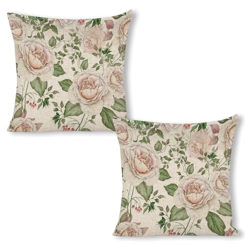 Blush Pink Watercolor Roses with Sage Green Foliage Boho Pillow C...