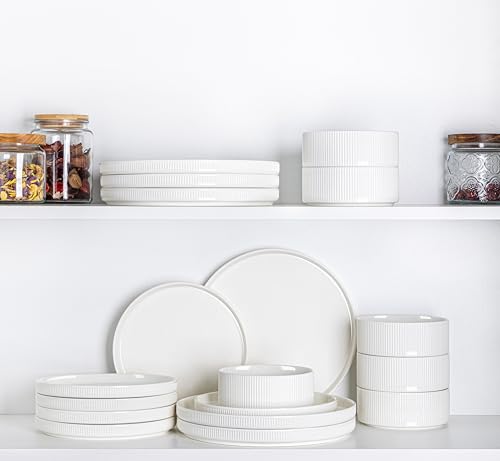 Image of TheTerra Ceramic Dinnerware Sets for 8, 24 Pieces Porcelain Lightweight Plates and Bowls Sets, Scratch Resistant Dish Set, Oven & Microwave & Dishwasher Safe, Pure white
