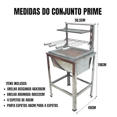 LAURINDOS, Conjunto Prime Braseiro com Suporte Flutuante 4 Espetos Inox