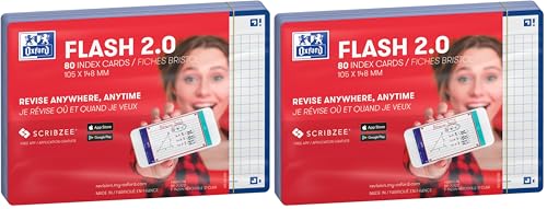 OXFORD Flash 2.0-80 Fiches Bristol Flash Card A6 (10 5 x 14,8cm) Petits Carreaux Cadre Bleu Marine (Lot de 2)