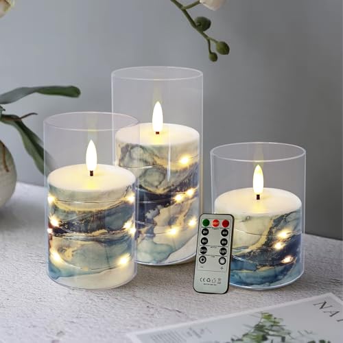 Image of Flickering Flameless Candles Dark Blue Marble Embedded Star String Lights, Battery Operated Acrylic LED Pillar Candles with 11-Key Remote and Timer for Home Decoration, 3 Pack