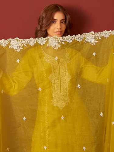 Image of INDO ERA Women's Silk Blend Ethnic Motifs Embroidered Straight Kurta & Pant with Dupatta Set (RRSTR10158)