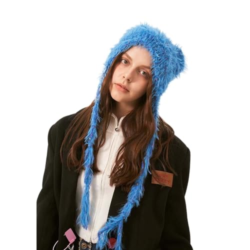 Distressed Knitted Beanie Y2k Fuzzy Winter Warm Hats Cute Bear Cat Ear Cover Knit Cap Grunge Accessories Y2k Clothes (Blue,One Size)