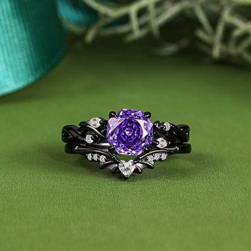 Image of Jeulia 2PCS Wedding Ring Set for Women 1.5 ct Black Thorn Purple Rose Cut 925 Sterling Silver Gothic Bat Design Engagement Ring Vintage Jewelry with Gift Box