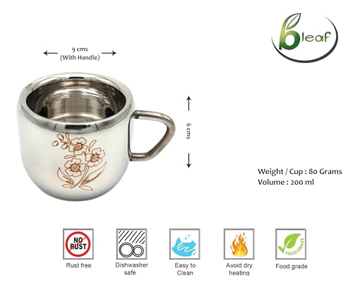Image of BLeaf Stainless Steel-Tea /Coffee /Milk Cups (Set of 6) 100ml Each (Laser Design)