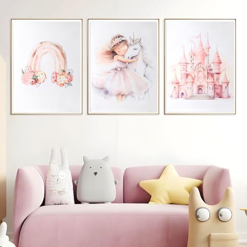 FENGQQKJ Bilder Kinderzimmer Mädchen, 3-Teiliges Rosa Poster 30x40cm, Prinzessin Einhorn Schloss Regenbogen Mädchen Deko, für Kinderzimmer Bilder, Wanddeko(Ohne Rahmen)