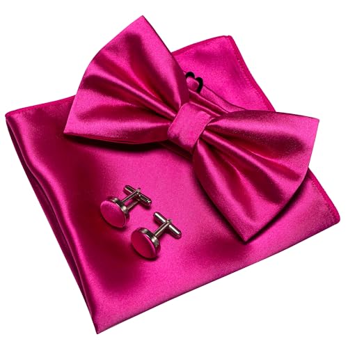 JEMYGINS Hot Pink Bow Tie Pre-tied Silk Bowtie and Pocket Square Cufflinks Sets for Men