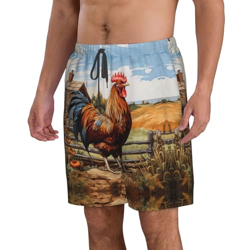 Rooster on Wood in Farmland Print Stylish Beach Shorts Swim Trunks Lightweight Breathable Summer Outdoor Activities2