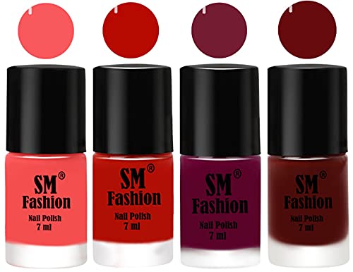 Image of Nail Polish Combo Set (Pack of 4) Quick Dry Gel Finish Nail Paint | Light Pink,Red Orange,Mulberry,Wine Red | 7 ml Each