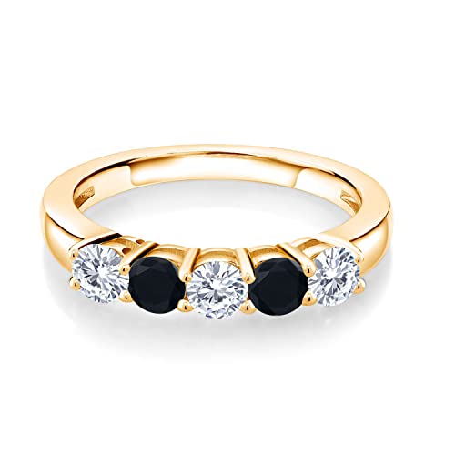 Gem Stone King 18K Yellow Gold Plated Silver White Lab Grown Diamond and Black Onyx 5-Stone Alternate Wedding Band Ring For Women (0.77 Cttw, Round 3.5MM, Available In Size 5, 6, 7, 8, 9)2