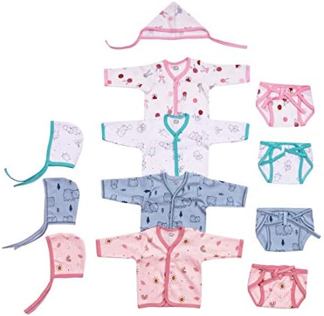 New Born Baby Hosiery Cotton 4 Jhabla/Shirts with 4 Nappies/Langot and 4 Caps (0-3 Months)