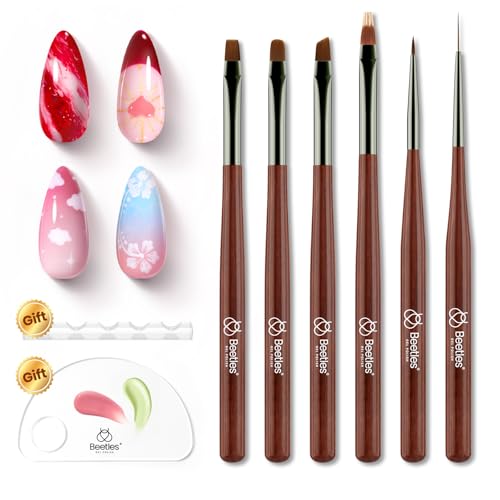 Image of Beetles Gel Polish Nail Art Brushes, 6 Pcs Fingernail Art Design Pens, Nail Art Tools, Wood Alloy Handle Nail Brushes, Clean Up Liner French Set with Holder&Palette DIY Gift for Women