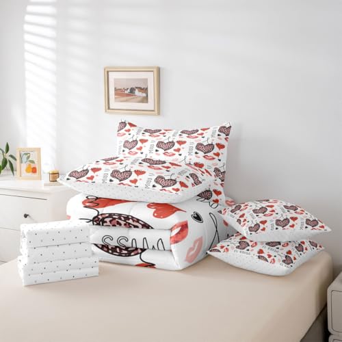 Image of 7 Pcs Leopard Print Heart King Bedding Sets Love Theme Romantic Style Comforter Set Red Heart Lady Lip Kiss Bed in a Bag with Comforter,Flat&Fitted Sheet,2 Pillowcases,2 Throw Pillow Covers