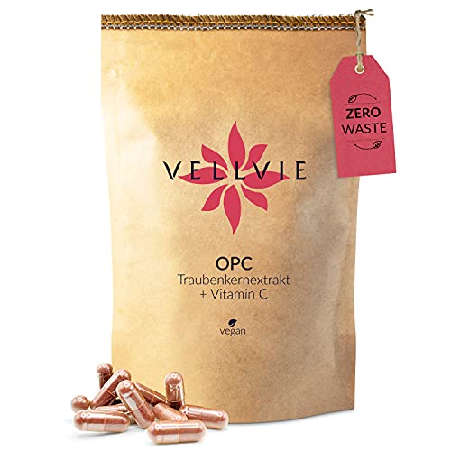 OPC Traubenkernextrakt Hochdosiert mit Zertifikat + Vitamin C aus Hagebutte Plastikfrei & Zero Waste mit 275mg OPC je Kapsel - Französische Trauben Vegan 155 Kapseln im Nachfüllpack von VELLVIE Cover