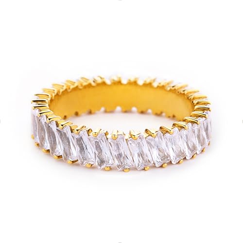 STORYJEWELLERY Eternity Band Rings for Women, Cubic Zirconia Baguette Ring, 18K Gold Plated Stackable Travel Wedding Rings for Women, Emerald Cut Engagement Ring, Gifts for Her