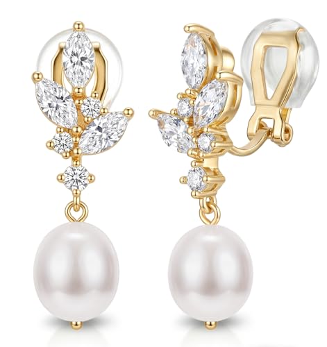 CASSIECA Pearl Clip on Earrings for Women Comfortable 14K Gold Plated Cubic Zirconia Pearl Drop Dangle Earrings Lightweight Non Pierced Ear Clips Jewelry Gift for Wedding Bridal Leaf