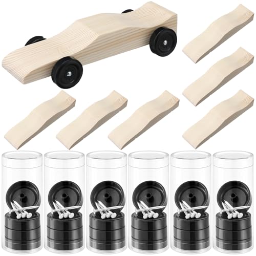 JolliLudo 6 Sets Derby Car Kits Bulk Pre-Cut Derby Muscle Car Body with Pre-drilled Axle Holes for Easy Insertion Wooden Cars Kits with Wheels and Axels for Beginners Racer