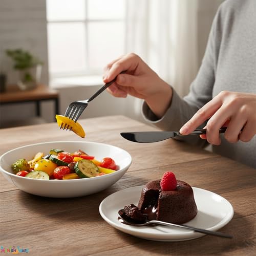 Image of Slim Handle Black 20 Pcs Stainless Steel Cutlery Set for Dining Table, Dishwasher Safe Glossy Flatware (5 Spoon Set + 5 Forks Set + 5 Butter Knife + 5 Dessert Spoon)
